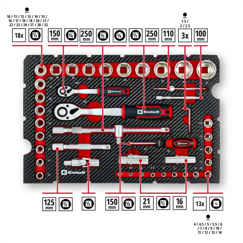 Einhell E-Case Set de herramientas de 92 piezas (370514) - Acero cromo-vanadio, Negro/Rojo