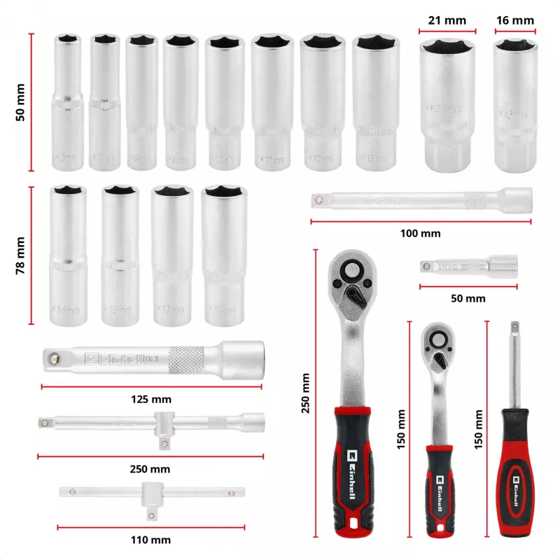 Einhell E-Case Set de herramientas de 92 piezas (370514) - Acero cromo-vanadio, Negro/Rojo
