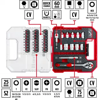 EINHELL-KWB Juego de llaves de vaso y puntas 1/4 pulgadas 37 piezas en L-CASE