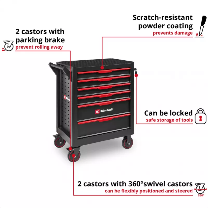 EINHELL-KWB Carro de taller vacío, 6 cajones (negro/rojo, 4 cajones bajos, 2 altos)