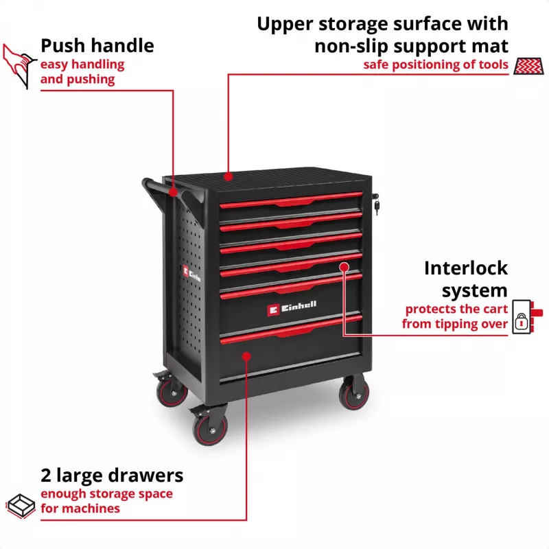 EINHELL-KWB Carro de taller vacío, 6 cajones (negro/rojo, 4 cajones bajos, 2 altos)