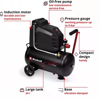 EINHELL TC-AC 190/24/8 I OF compresor sin aceite, 1100 W, depósito 24 L, 8 bar, negro