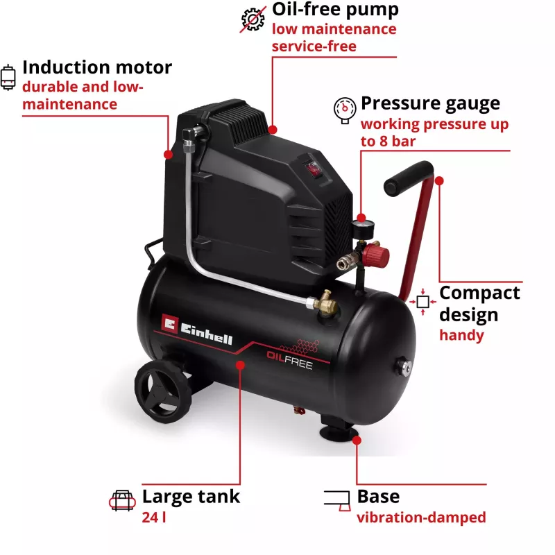 EINHELL TC-AC 190/24/8 I OF compresor sin aceite, 1100 W, depósito 24 L, 8 bar, negro
