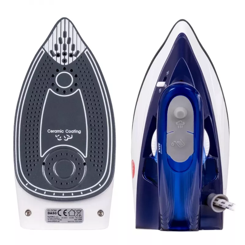 Plancha de viaje ELDOM DA50 900W azul con vapor, mango plegable, suela antiadherente, depósito 40ml
