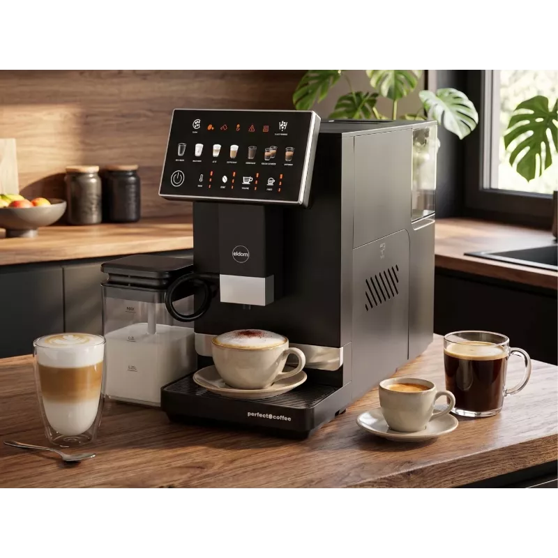 ELDOM ECA10 cafetera automática con presión, 7 programas, 19 bares, 1450 W, depósito de agua de 1,8 L, Bean-to-Cup, LCD, negra