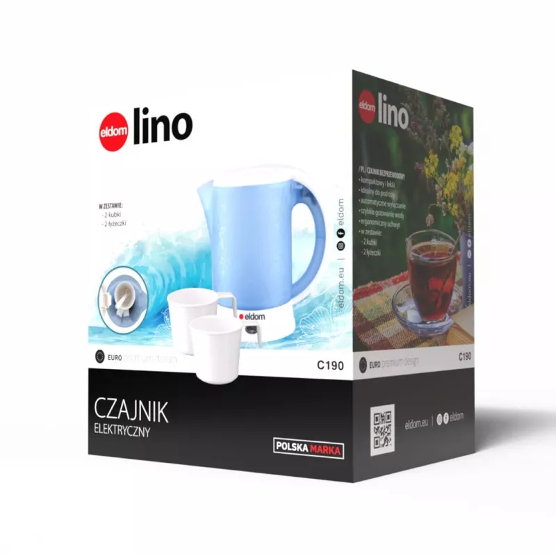 ELDOM Hervidor eléctrico de viaje C190 Lino 0,6L 550W Azul con 2 tazas y 2 cucharas