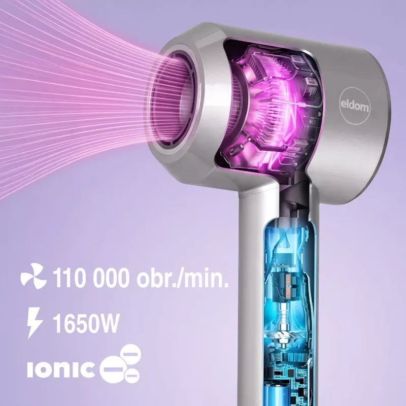 ELDOM HT280 Secador de pelo, 1650 W, gris, 3 niveles de calor, 2 niveles de aire, golpe de aire frío, boquilla concentradora, filtro de aire extraíble, anilla de suspensión, protección contra sobrecalentamiento, cable de 1,8 m
