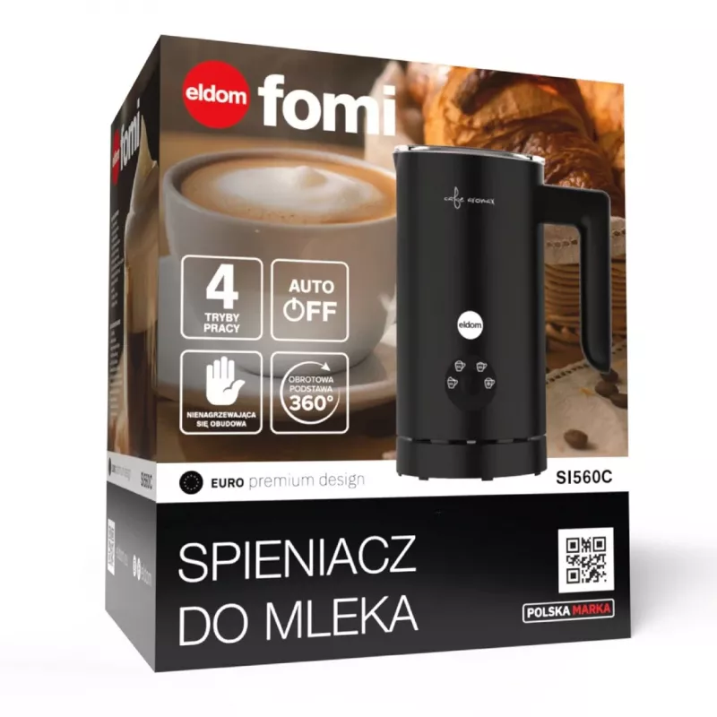 Espumador de leche ELDOM SI560C negro - 500W espumado automático en caliente y en frío, calentamiento 300ml, acero inoxidable