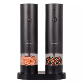 ELDOM ZMP5 set de molinillos de sal y pimienta a pilas con soporte, negro