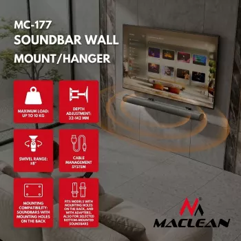 EOF Maclean MC-177 Soporte de pared para barra de sonido, acero, negro, inclinación +8° a -8°, máx. 10 kg