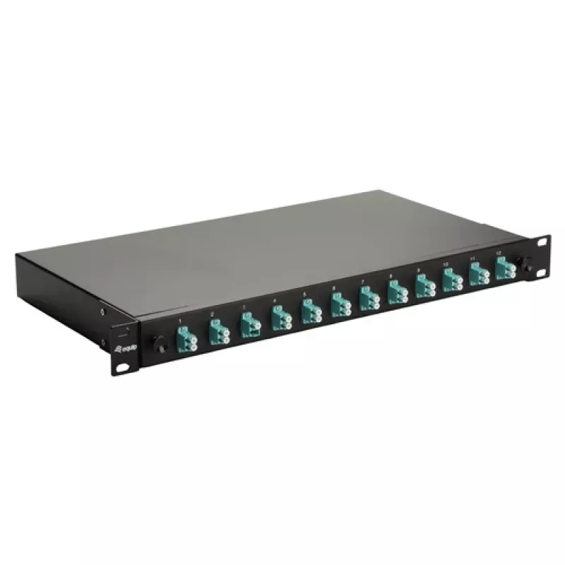 Caja de empalme de fibra óptica Equip de 12 puertos, LC dúplex, OM3, 1U, equipada, negra