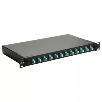 Caja de empalme de fibra óptica Equip de 12 puertos, LC dúplex, OM3, 1U, equipada, negra