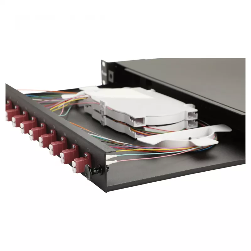 Equip Caja de empalme de fibra óptica de 12 puertos, LC dúplex, OM4, 1U, equipada, negra