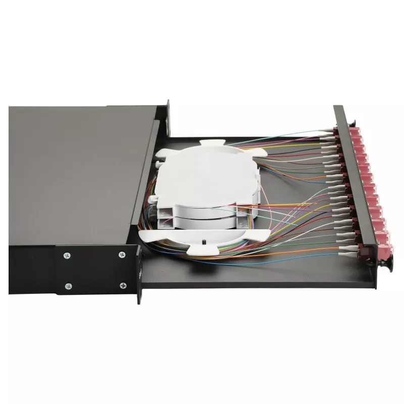 Equip Caja de empalme de fibra óptica de 12 puertos, LC dúplex, OM4, 1U, equipada, negra