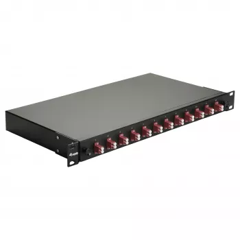 Equip Caja de empalme de fibra óptica de 12 puertos, LC dúplex, OM4, 1U, equipada, negra