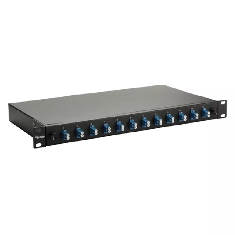 Equip Caja de empalmes de fibra óptica de 12 puertos, LC dúplex, OS2 monomodo, montaje en rack 1U, equipada, negra