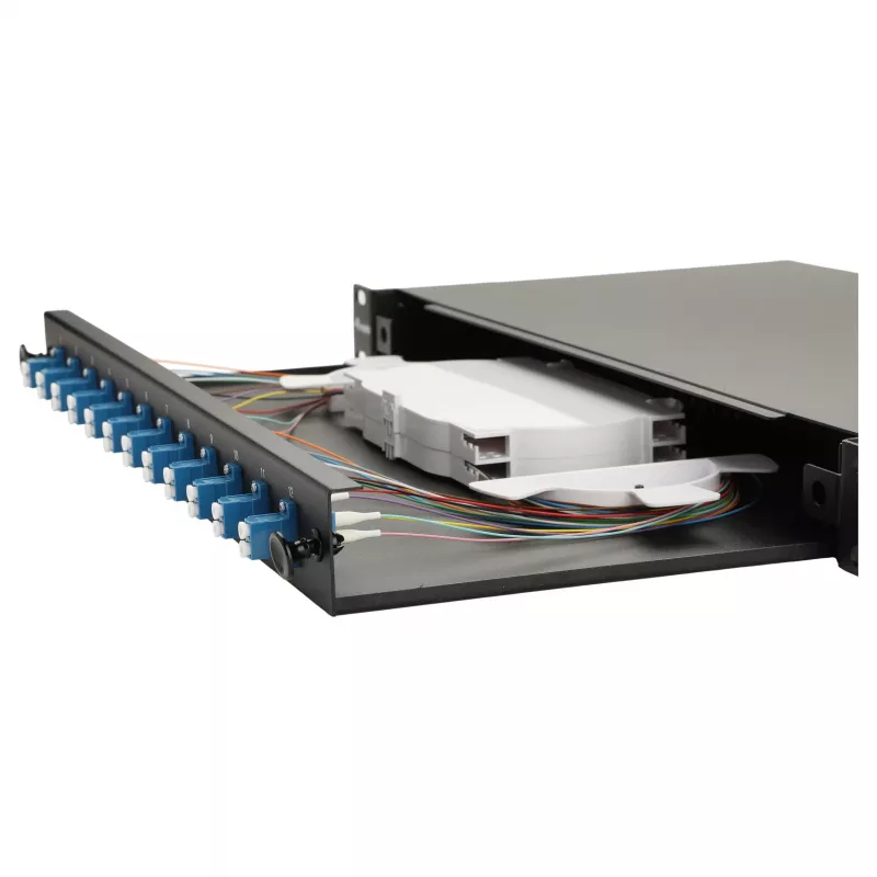 Equip Caja de empalmes de fibra óptica de 12 puertos, LC dúplex, OS2 monomodo, montaje en rack 1U, equipada, negra