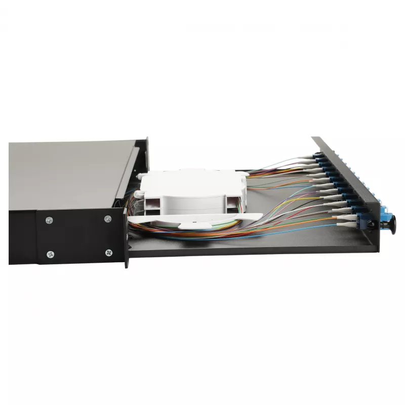 Equip Caja de empalmes de fibra óptica de 12 puertos, LC dúplex, OS2 monomodo, montaje en rack 1U, equipada, negra