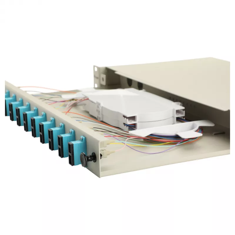 Caja de empalme de fibra óptica Equip 12 puertos, SC dúplex, OM3, 1U montaje en rack, equipada, gris