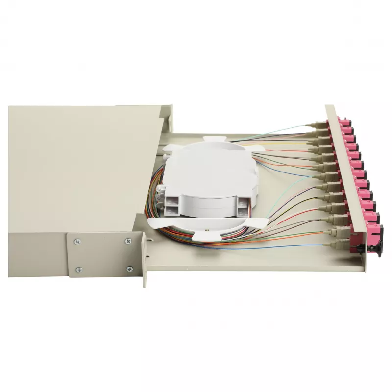 Caja de empalme de fibra óptica Equip 12 puertos SC dúplex OM4, 1U, totalmente equipada, gris