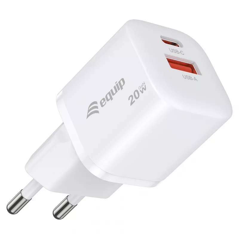 Equip Cargador de pared GaN de 2 puertos USB-C PD3.0/USB-A 20W, Blanco, paquete de 25 unidades