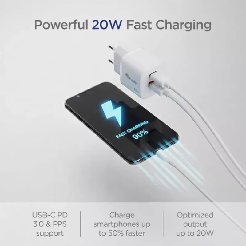 Equip Cargador de pared GaN de 2 puertos USB-C PD3.0/USB-A 20W, Blanco, paquete de 25 unidades