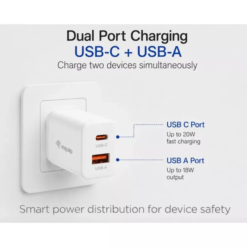 Equip Cargador de pared GaN de 2 puertos USB-C PD3.0/USB-A 20W, Blanco, paquete de 25 unidades