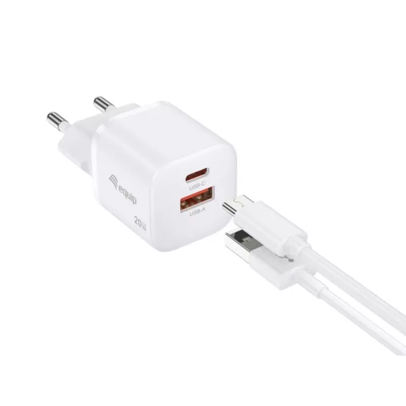 Equip Cargador de pared GaN de 2 puertos USB-C PD3.0/USB-A 20W, Blanco, paquete de 25 unidades