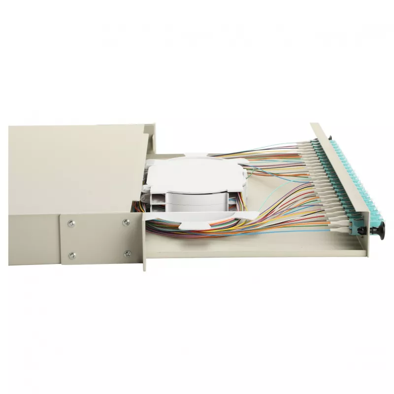 Equip caja de empalme de fibra óptica de 24 puertos, LC dúplex, OM3, 1U, equipada, gris
