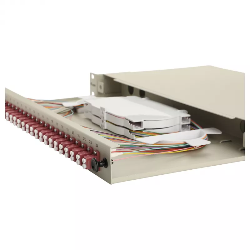 Equip Caja de empalme de fibra óptica de 24 puertos, LC Duplex, OM4, 1U, equipada, Gris
