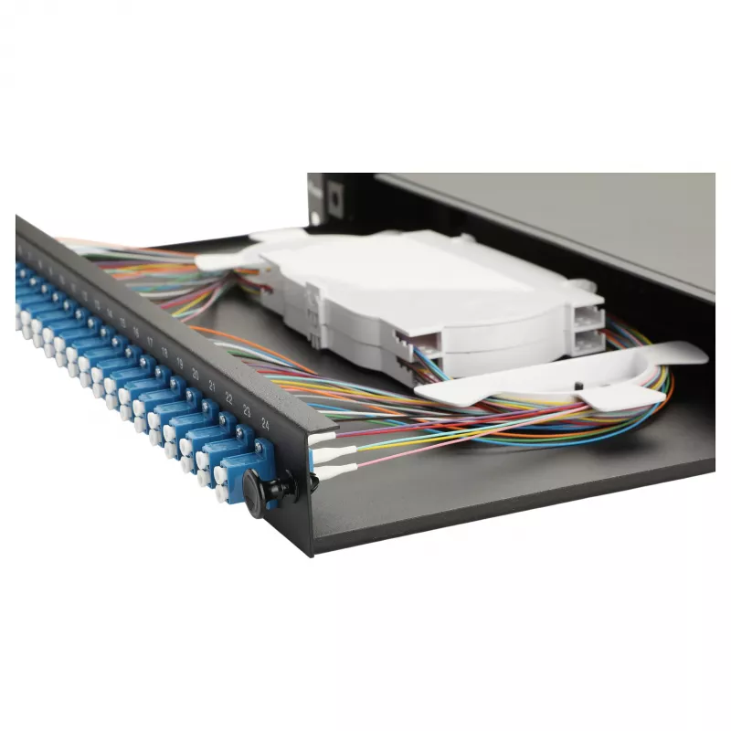Equip Caja de empalme de fibra óptica de 24 puertos, LC Duplex, OS2, 1U, equipada, Negro