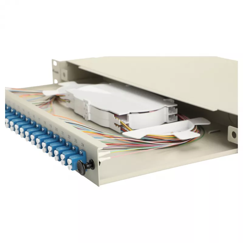 EQUIP caja de empalme de fibra óptica de 24 puertos, LC dúplex, OS2, 1U, equipada, gris