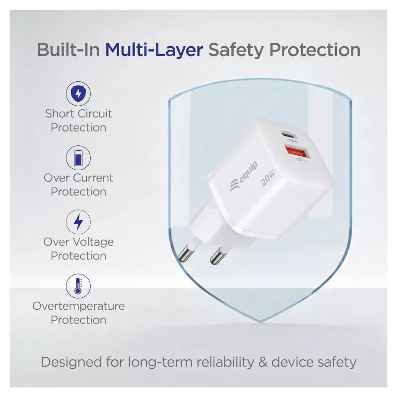 Equip 245526 Cargador de pared 2 puertos USB-C PD3.0 / USB-A GaN 20W, Blanco
