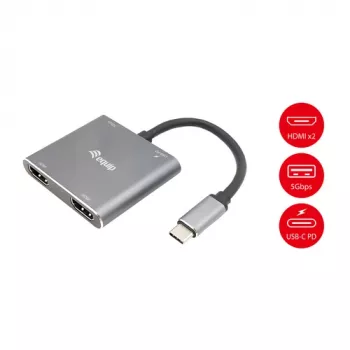 EQUIP Adaptador USB-C 4 en 1 con doble HDMI, 100W PD, 4K MST, Aluminio