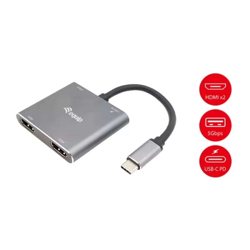 EQUIP Adaptador USB-C 4 en 1 con doble HDMI, 100W PD, 4K MST, Aluminio