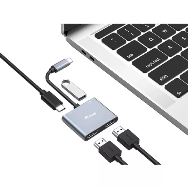 EQUIP Adaptador USB-C 4 en 1 con doble HDMI, 100W PD, 4K MST, Aluminio