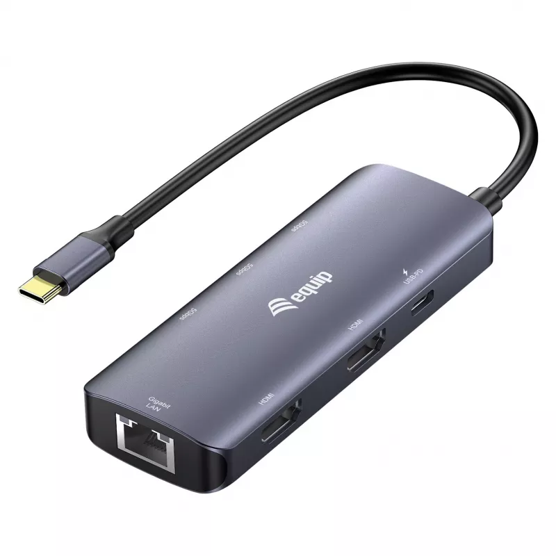 EQUIP adaptador multipuerto USB-C con 2x HDMI, RJ45, 2x USB-A, USB-C PD 100W, gris