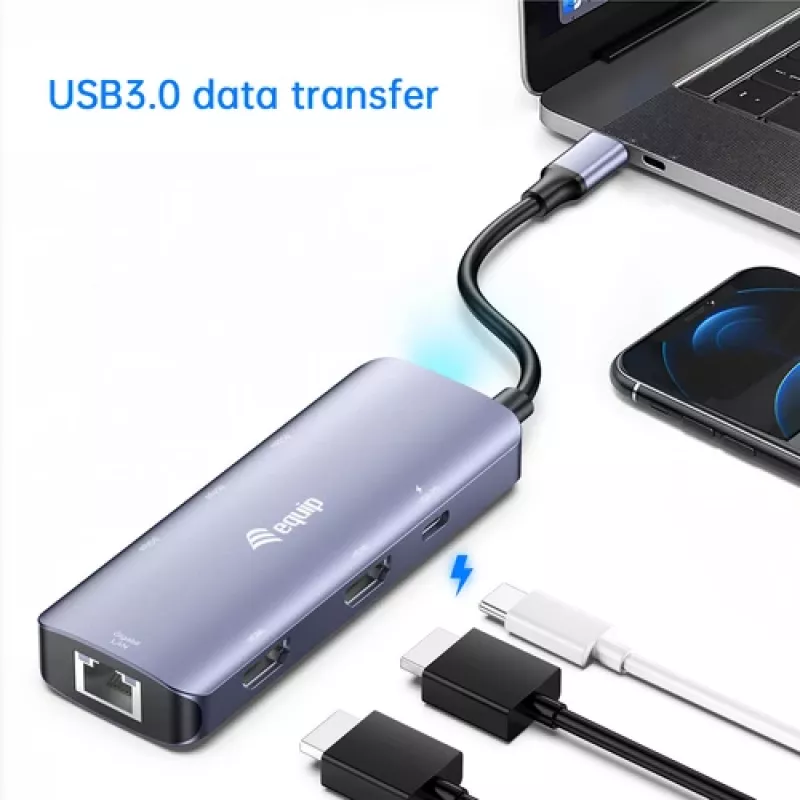 EQUIP adaptador multipuerto USB-C con 2x HDMI, RJ45, 2x USB-A, USB-C PD 100W, gris