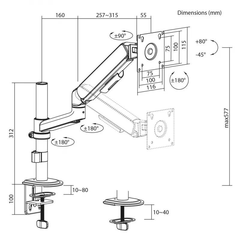 Soporte de monitor con pistón de gas Ergo Office ER-691 B para pantallas de 17-32 pulgadas, 1-10 kg, Negro mate, VESA 75/100