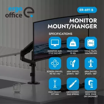 Soporte de monitor con pistón de gas Ergo Office ER-691 B para pantallas de 17-32 pulgadas, 1-10 kg, Negro mate, VESA 75/100