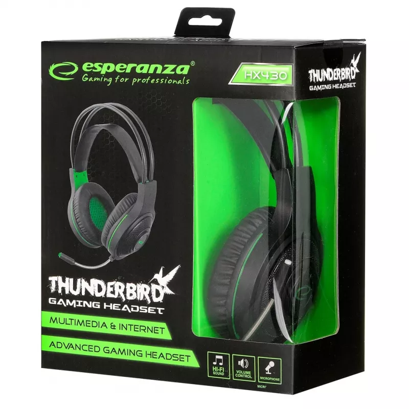 Esperanza EGH430 THUNDERBIRD Auriculares gaming con cable y micrófono, negro y verde