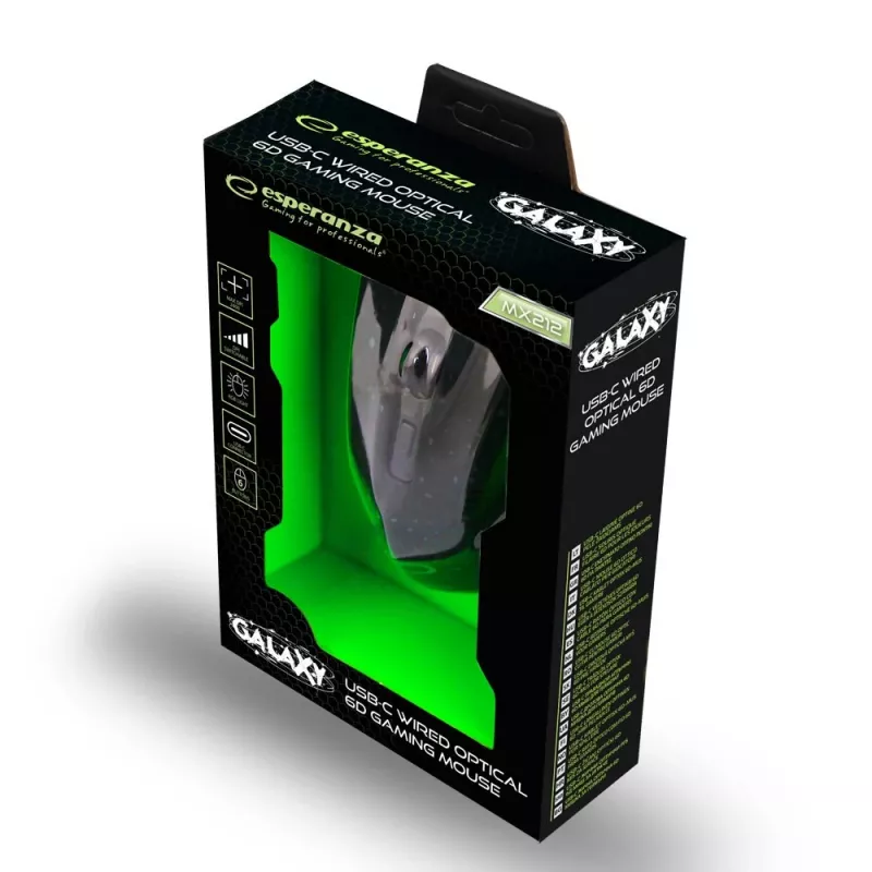 Esperanza EGM212 Ratón gaming óptico con cable, 2400 DPI, 6 botones, USB, diestro, Negro