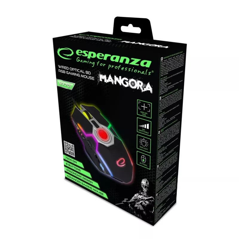 Esperanza EGM701 Mangora Ratón gaming con cable 8D, iluminación RGB, 7200 DPI, sensor óptico, 6 botones, cable trenzado, para diestros, negro