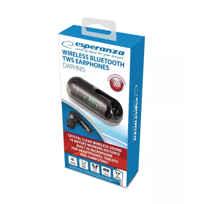 Esperanza EH239K Auriculares in-ear Bluetooth True Wireless Stereo con estuche de carga, control táctil, micrófono integrado, Negro