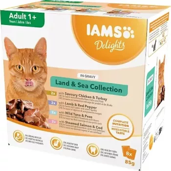 IAMS Delights Land & Sea Collection in Gravy comida húmeda para gatos, 8 x 85 g