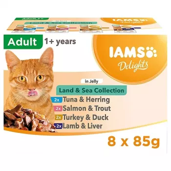 EUKANUBA IAMS DELIGHTS Land & Sea Collection en gelatina – comida húmeda para gatos – 8x85g