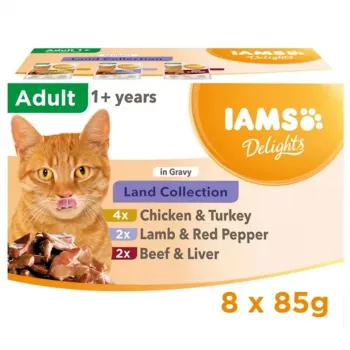 EUKANUBA IAMS Delights Land Collection in Sauce Alimento húmedo para gatos, 8 x 85g sobres (pollo, ternera, cordero)