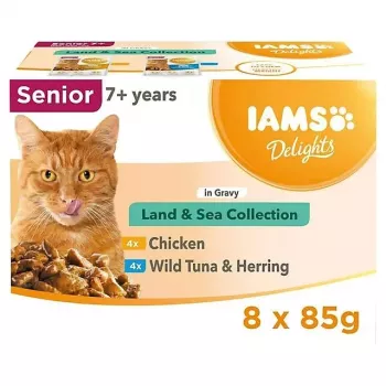 EUKANUBA IAMS Delights Senior Land & Sea Collection en salsa – Comida húmeda para gatos – 8 x 85 g