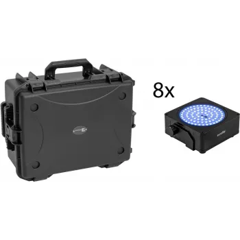 EUROLITE Set 8x AKKU IP Flat Light SMD RGBW IP65 Negro + maletín de plástico con trolley
