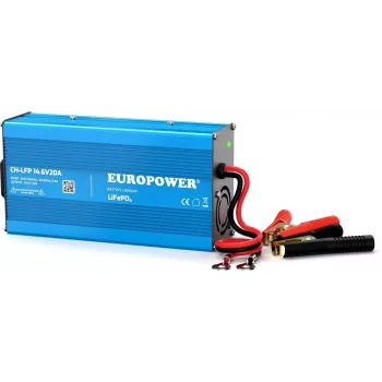 EUROPOWER CH-LFP/12/20 Cargador de batería LiFePO4 14,6V 20A con pinzas de cocodrilo